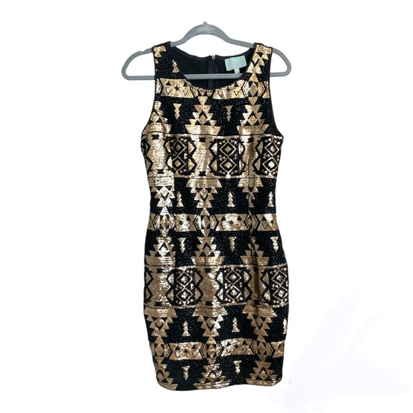 SKIES ARE BLUE Black Gold Sequin Tribal Geometric Bodycon Dress Size Medium - Picture 2 of 7